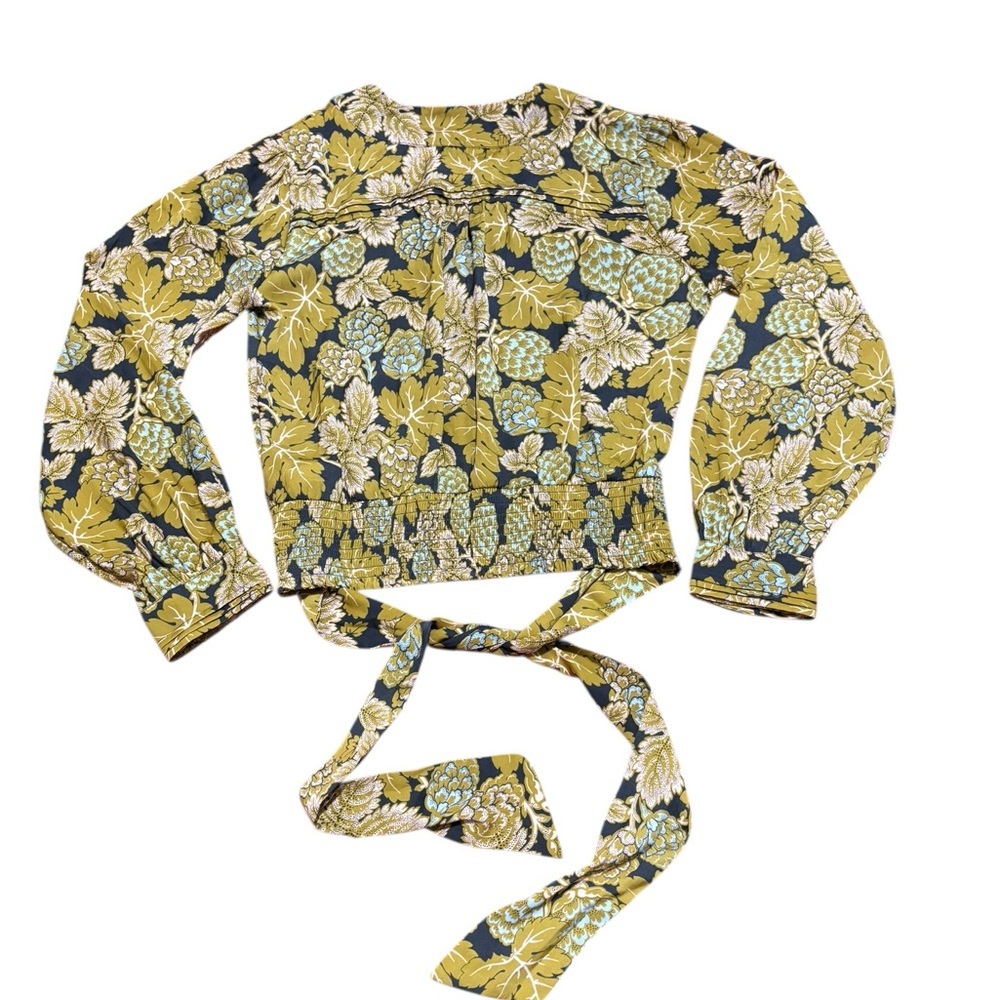 Anthropologie Mustard Floral Wrap Blouse with blue Accents